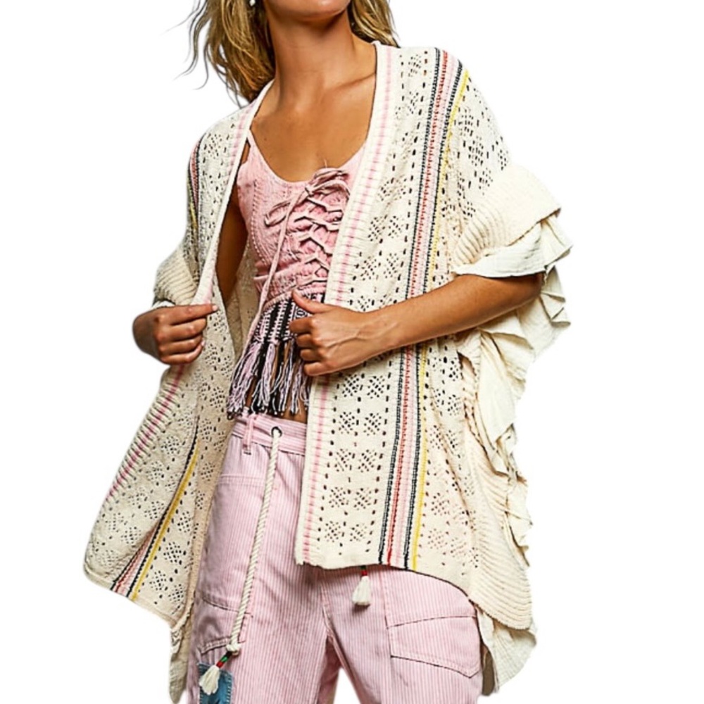 POL Cream Open-Knit Poncho with Pink & Multicolor Stripe Trim